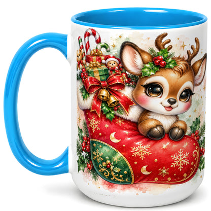 #pl[15oz|Blue] Christmas Reindeer Coffee Mug, Watercolor Deer Mug, Ceramic Cup