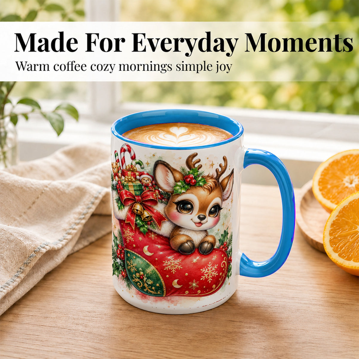 #pl[15oz|Blue] Christmas Reindeer Coffee Mug, Watercolor Deer Mug, Ceramic Cup