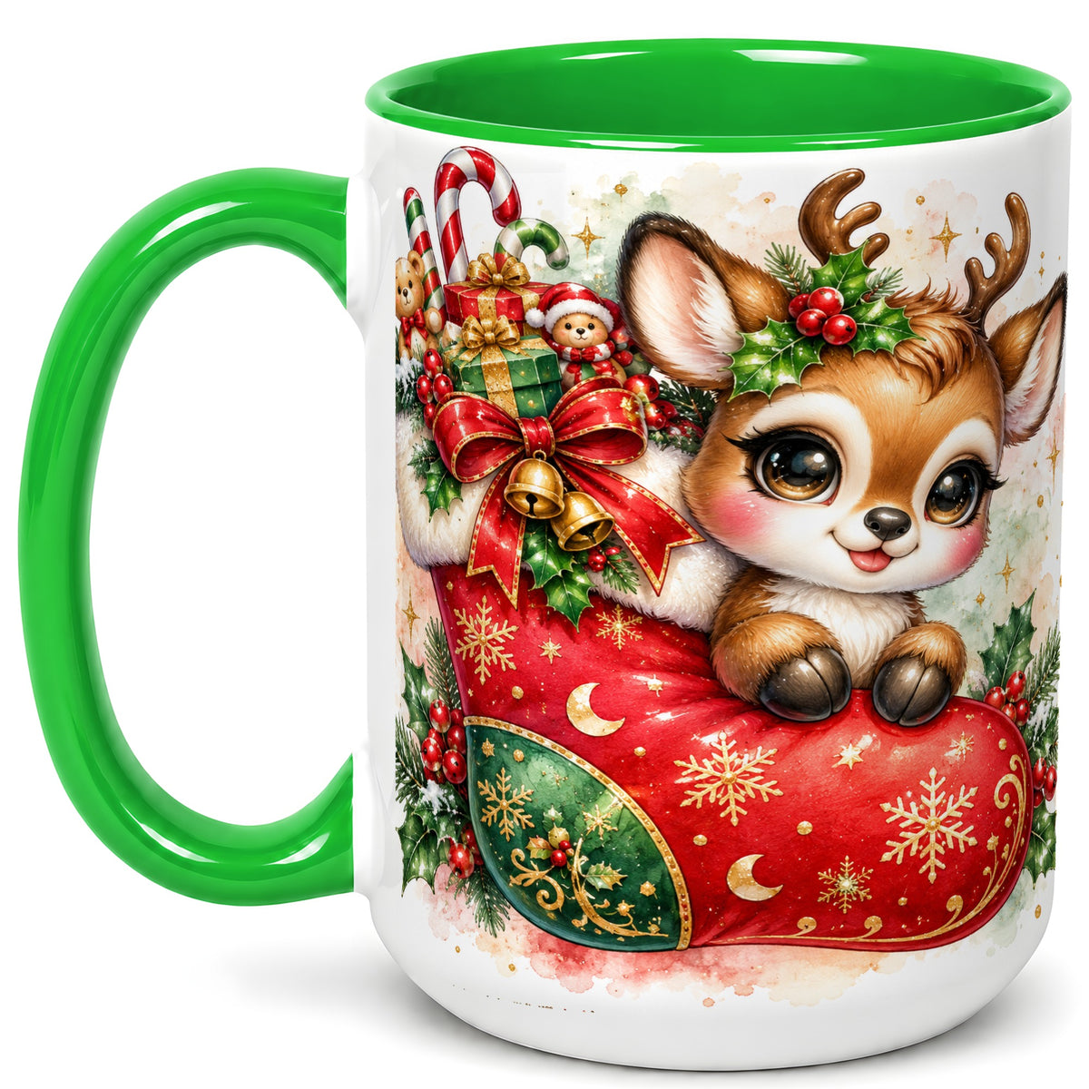 #pl[15oz|Green] Christmas Reindeer Coffee Mug, Watercolor Deer Mug, Ceramic Cup