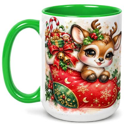 #pl[15oz|Green] Christmas Reindeer Coffee Mug, Watercolor Deer Mug, Ceramic Cup