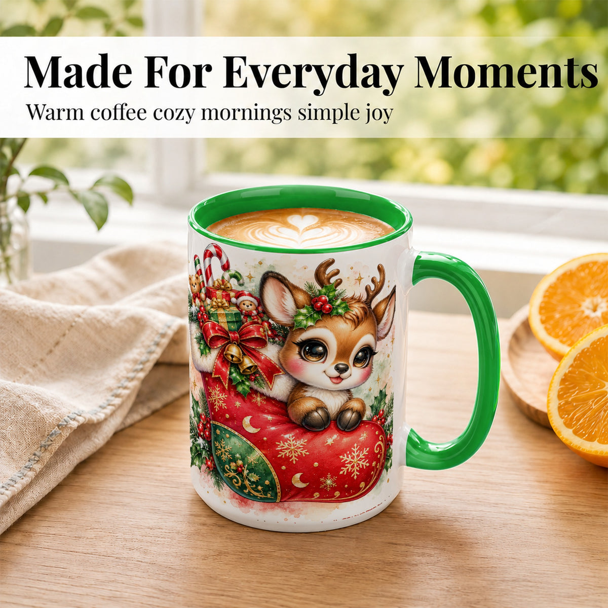 #pl[15oz|Green] Christmas Reindeer Coffee Mug, Watercolor Deer Mug, Ceramic Cup