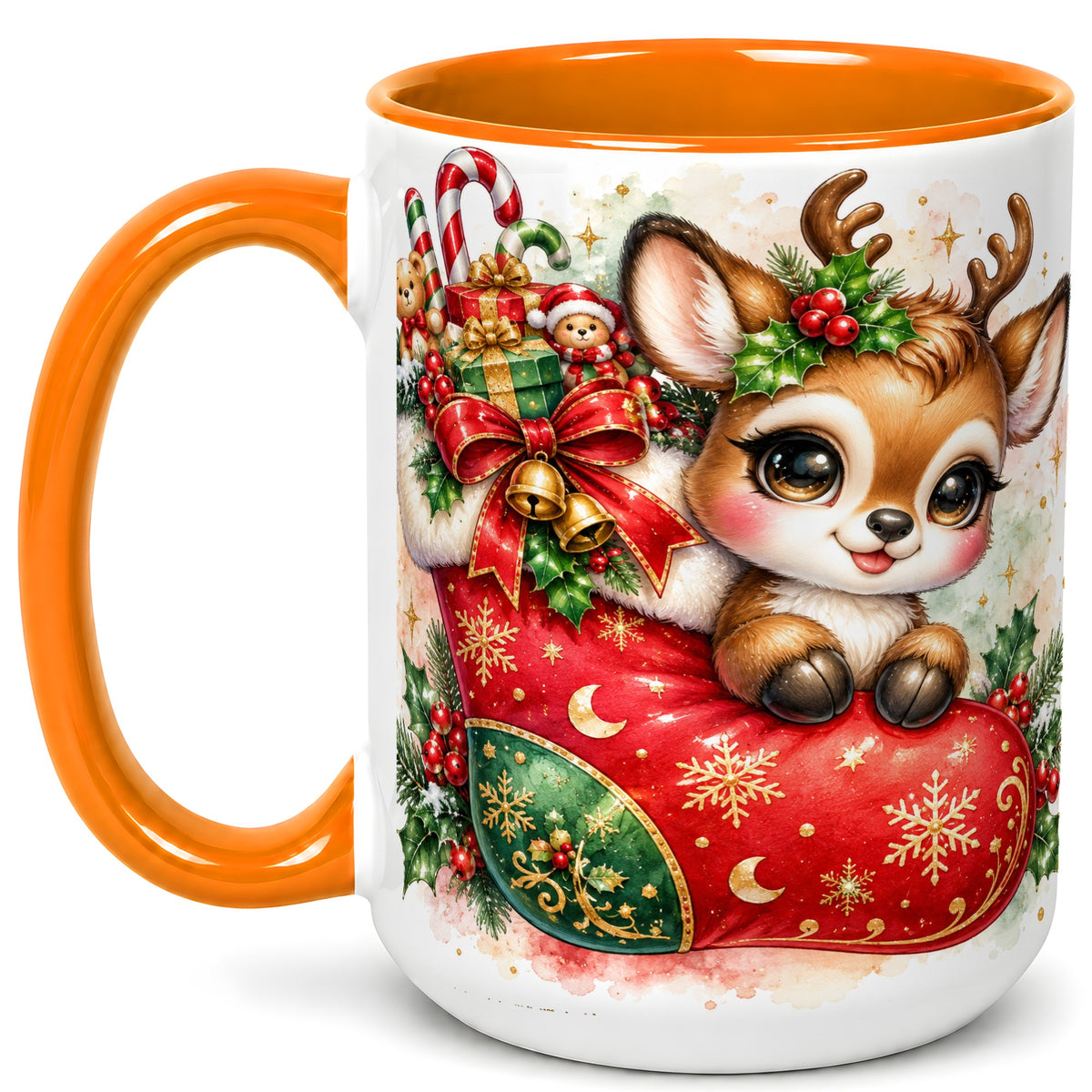 #pl[15oz|Orange] Christmas Reindeer Coffee Mug, Watercolor Deer Mug, Ceramic Cup
