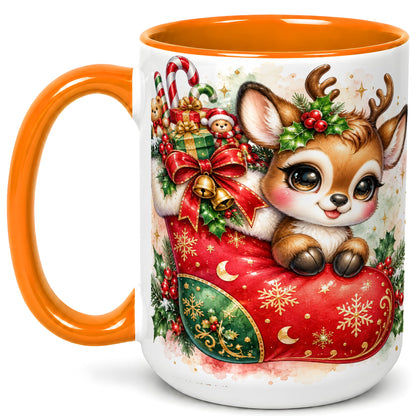 #pl[15oz|Orange] Christmas Reindeer Coffee Mug, Watercolor Deer Mug, Ceramic Cup