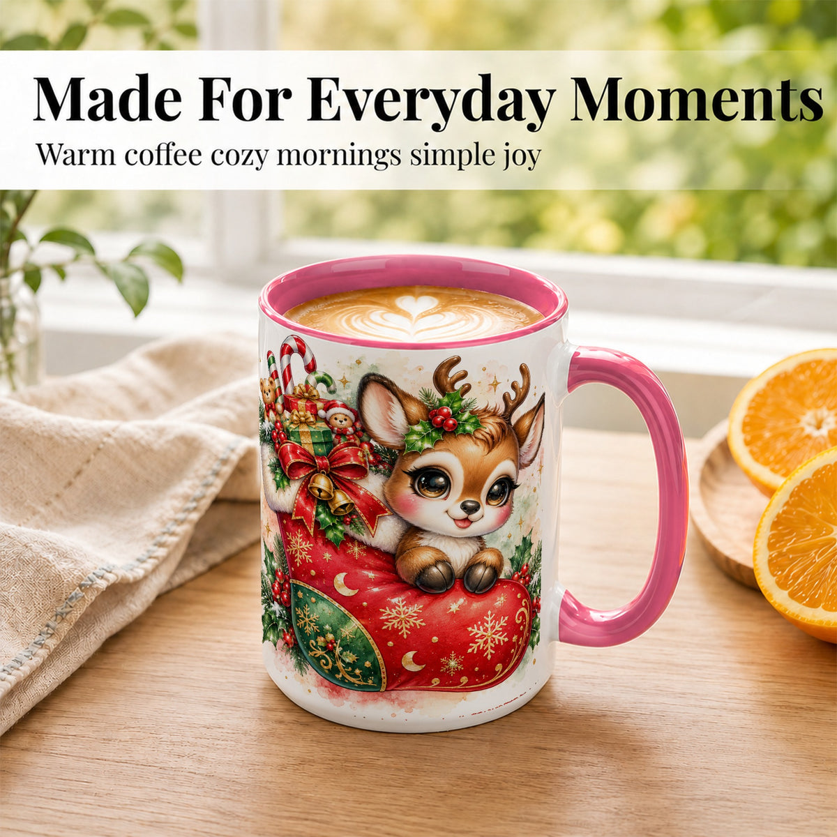 #pl[15oz|Pink] Christmas Reindeer Coffee Mug, Watercolor Deer Mug, Ceramic Cup