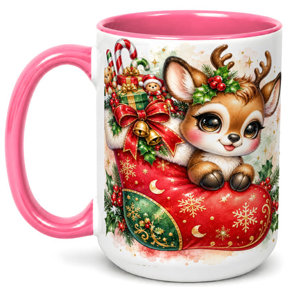 #pl[15oz|Pink] Christmas Reindeer Coffee Mug, Watercolor Deer Mug, Ceramic Cup