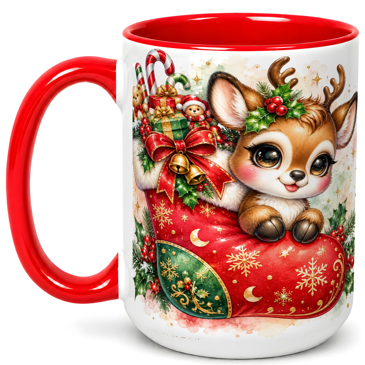 #pl[15oz|Red] Christmas Reindeer Coffee Mug, Watercolor Deer Mug, Ceramic Cup