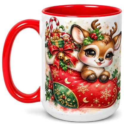 #pl[15oz|Red] Christmas Reindeer Coffee Mug, Watercolor Deer Mug, Ceramic Cup