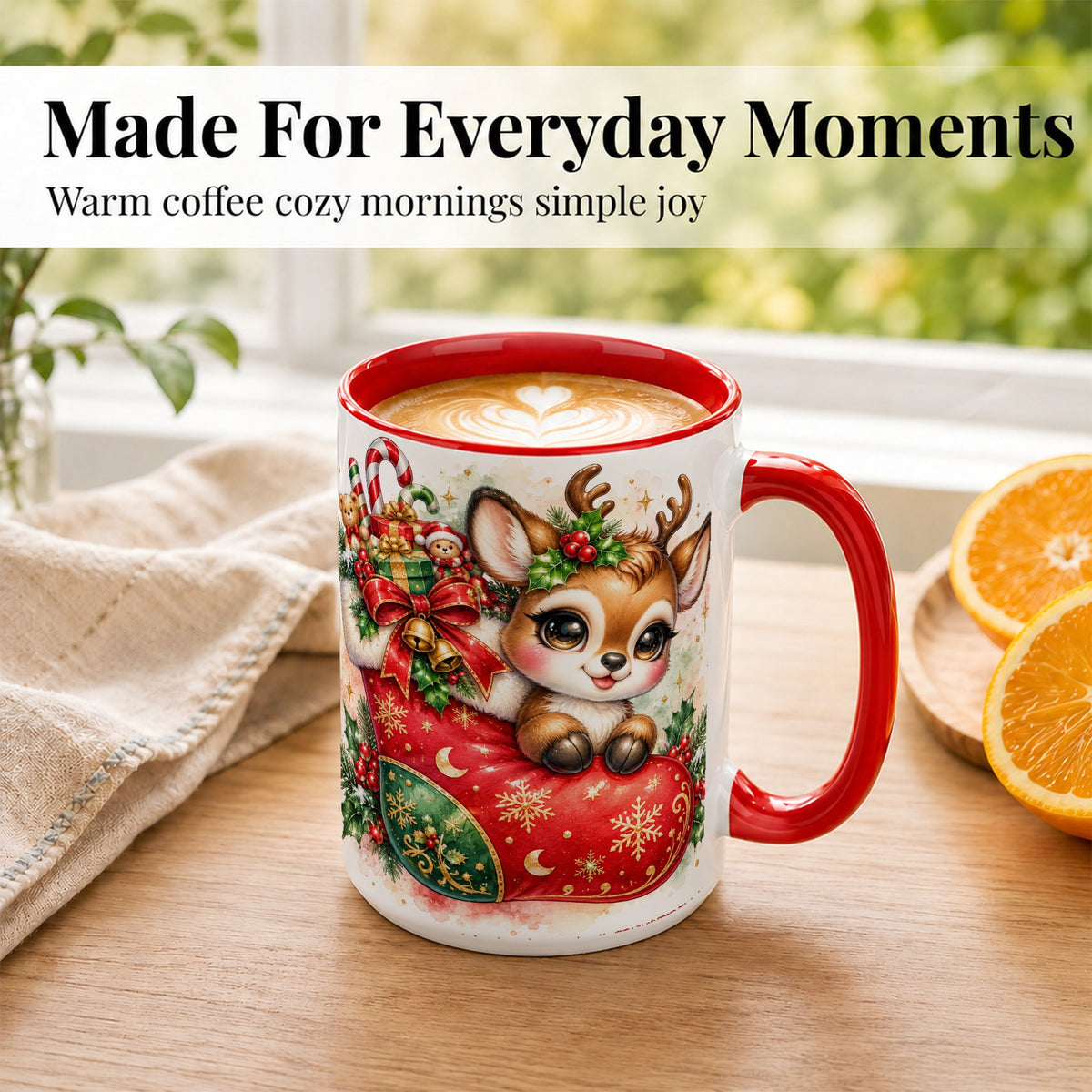#pl[15oz|Red] Christmas Reindeer Coffee Mug, Watercolor Deer Mug, Ceramic Cup