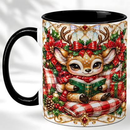 #pl[11oz|Black] Christmas Reindeer Coffee Mug, Reading Deer Mug, Ceramic Cup