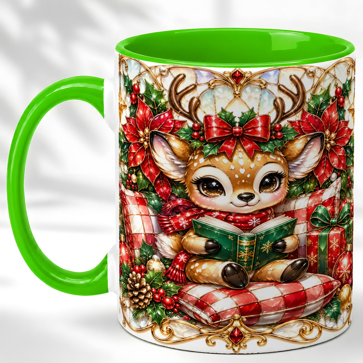 #pl[11oz|Green] Christmas Reindeer Coffee Mug, Reading Deer Mug, Ceramic Cup
