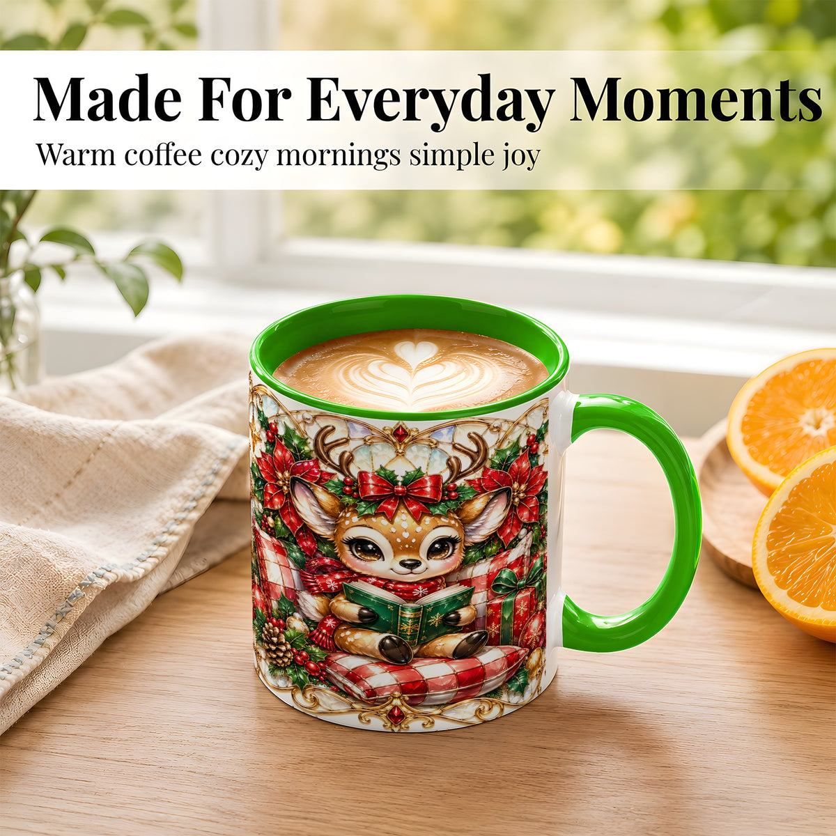 #pl[11oz|Green] Christmas Reindeer Coffee Mug, Reading Deer Mug, Ceramic Cup