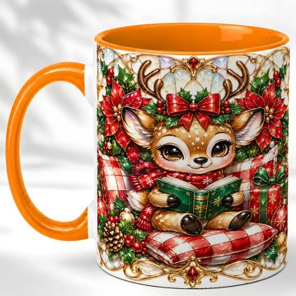 #pl[11oz|Orange] Christmas Reindeer Coffee Mug, Reading Deer Mug, Ceramic Cup