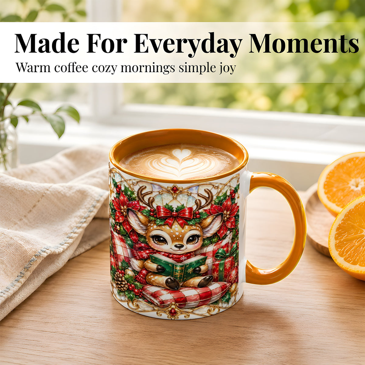 #pl[11oz|Orange] Christmas Reindeer Coffee Mug, Reading Deer Mug, Ceramic Cup