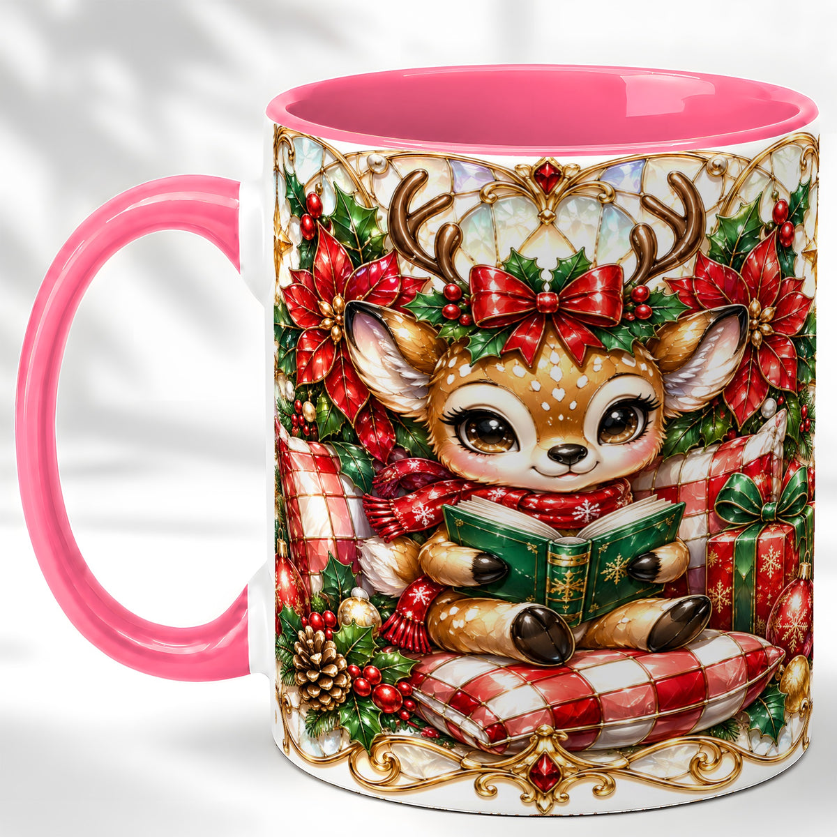 #pl[11oz|Pink] Christmas Reindeer Coffee Mug, Reading Deer Mug, Ceramic Cup