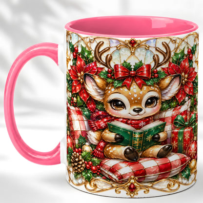 #pl[11oz|Pink] Christmas Reindeer Coffee Mug, Reading Deer Mug, Ceramic Cup