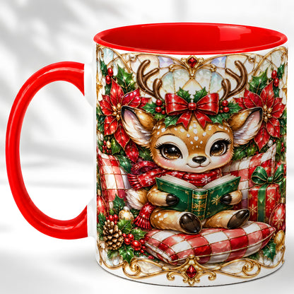 Christmas Reindeer Coffee Mug, Reading Deer Mug, Ceramic Cup