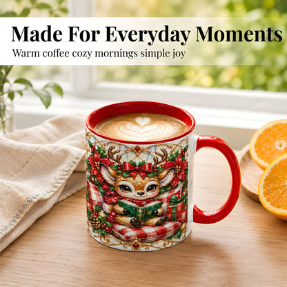 #pl[11oz|Red] Christmas Reindeer Coffee Mug, Reading Deer Mug, Ceramic Cup