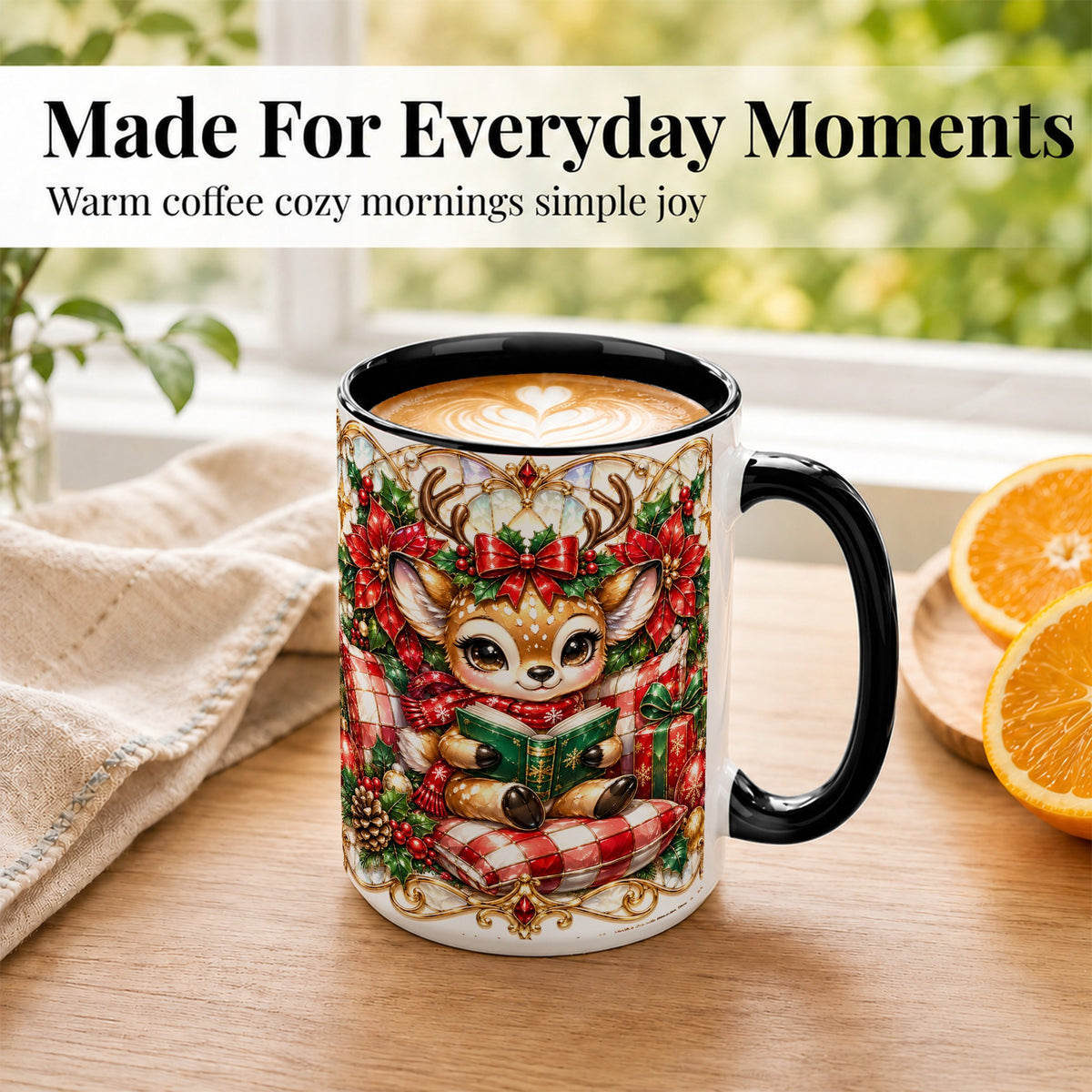 #pl[15oz|Black] Christmas Reindeer Coffee Mug, Reading Deer Mug, Ceramic Cup