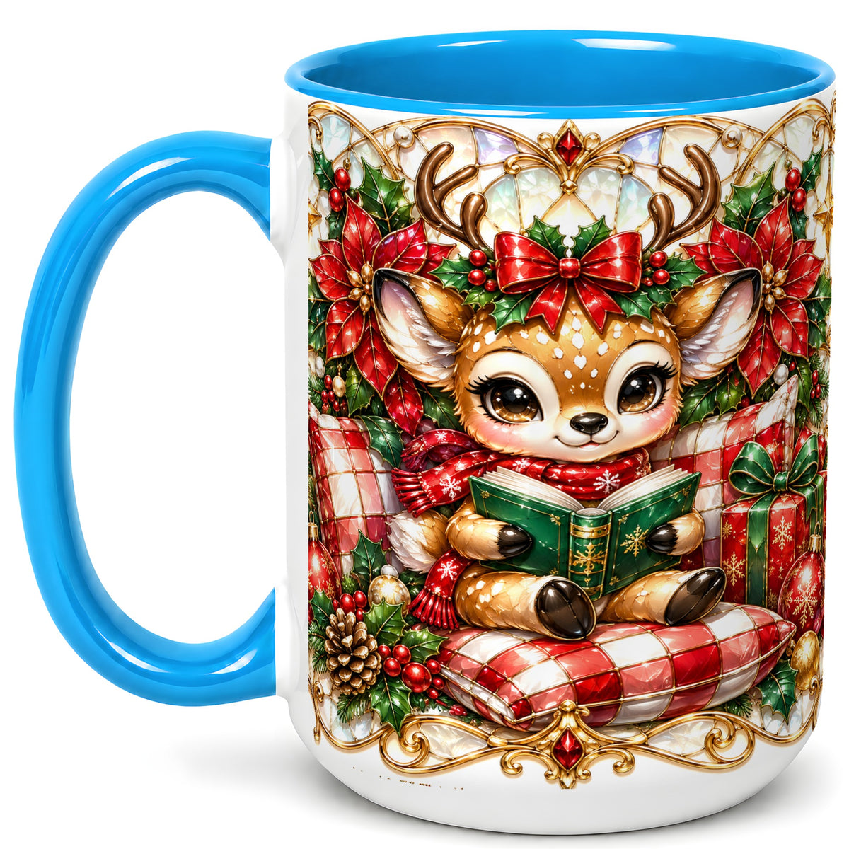 #pl[15oz|Blue] Christmas Reindeer Coffee Mug, Reading Deer Mug, Ceramic Cup