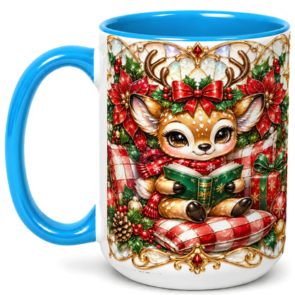 #pl[15oz|Blue] Christmas Reindeer Coffee Mug, Reading Deer Mug, Ceramic Cup