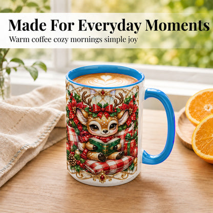 #pl[15oz|Blue] Christmas Reindeer Coffee Mug, Reading Deer Mug, Ceramic Cup