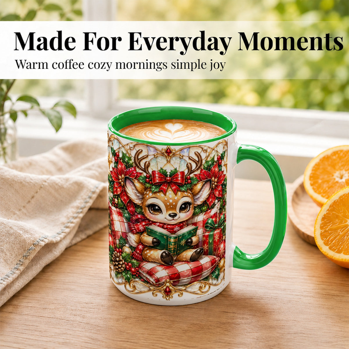 #pl[15oz|Green] Christmas Reindeer Coffee Mug, Reading Deer Mug, Ceramic Cup