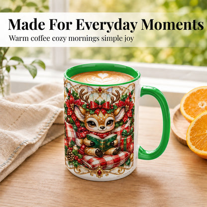#pl[15oz|Green] Christmas Reindeer Coffee Mug, Reading Deer Mug, Ceramic Cup