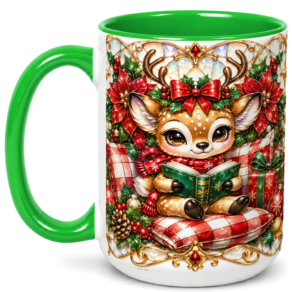 #pl[15oz|Green] Christmas Reindeer Coffee Mug, Reading Deer Mug, Ceramic Cup