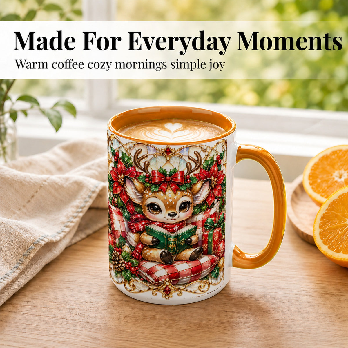 #pl[15oz|Orange] Christmas Reindeer Coffee Mug, Reading Deer Mug, Ceramic Cup