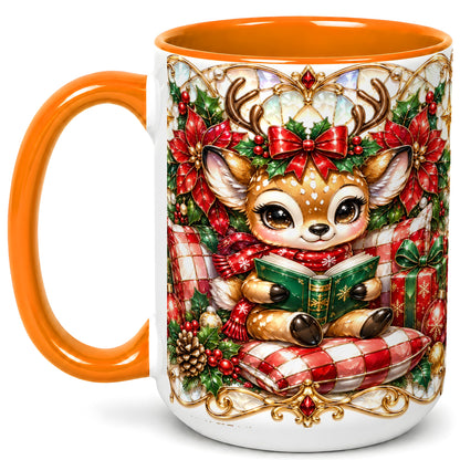 #pl[15oz|Orange] Christmas Reindeer Coffee Mug, Reading Deer Mug, Ceramic Cup