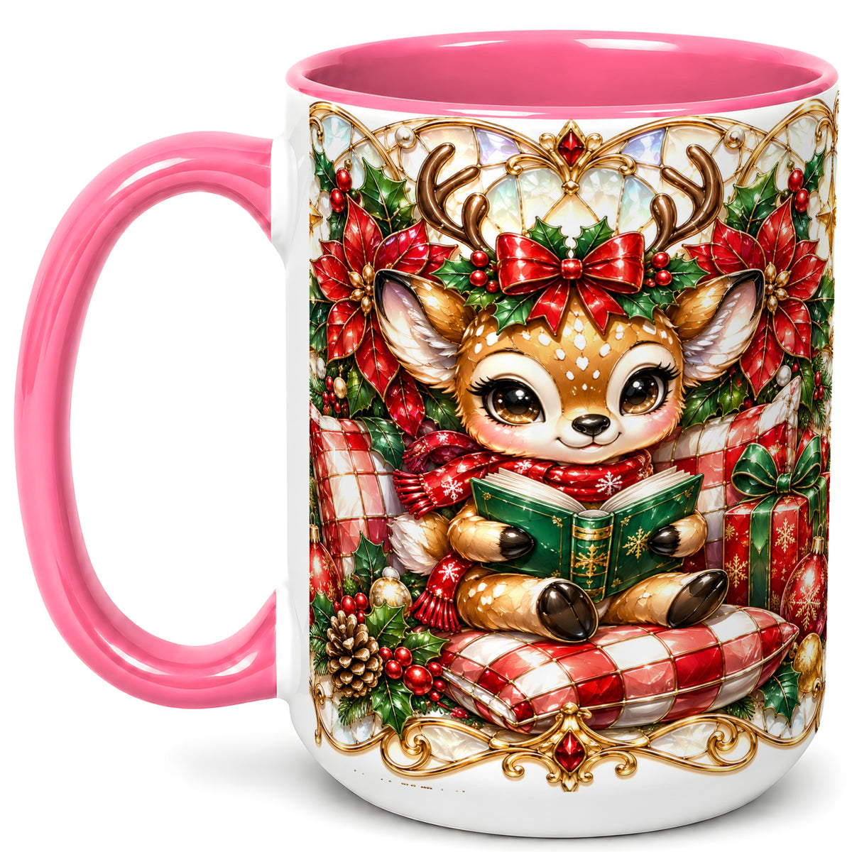#pl[15oz|Pink] Christmas Reindeer Coffee Mug, Reading Deer Mug, Ceramic Cup