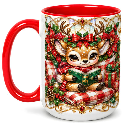 #pl[15oz|Red] Christmas Reindeer Coffee Mug, Reading Deer Mug, Ceramic Cup
