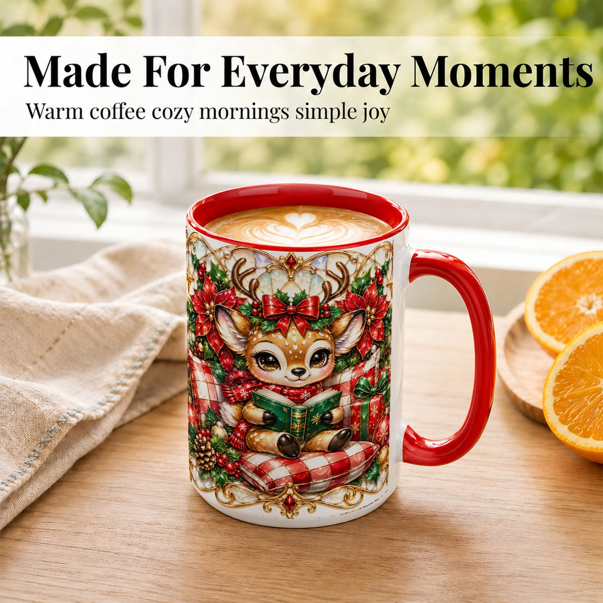 #pl[15oz|Red] Christmas Reindeer Coffee Mug, Reading Deer Mug, Ceramic Cup