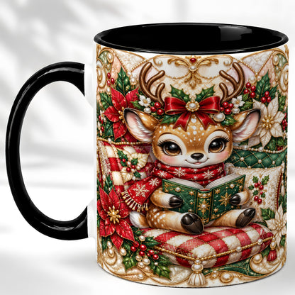 #pl[11oz|Black] Christmas Reading Reindeer Coffee Mug, Quilted Deer Mug, Ceramic Cup