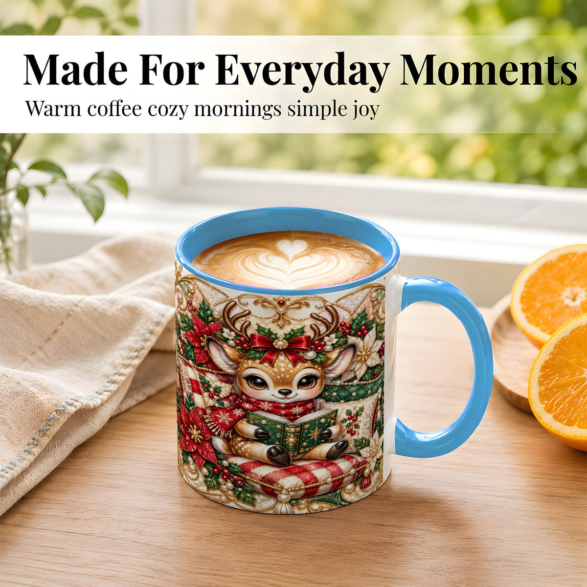 #pl[11oz|Blue] Christmas Reading Reindeer Coffee Mug, Quilted Deer Mug, Ceramic Cup