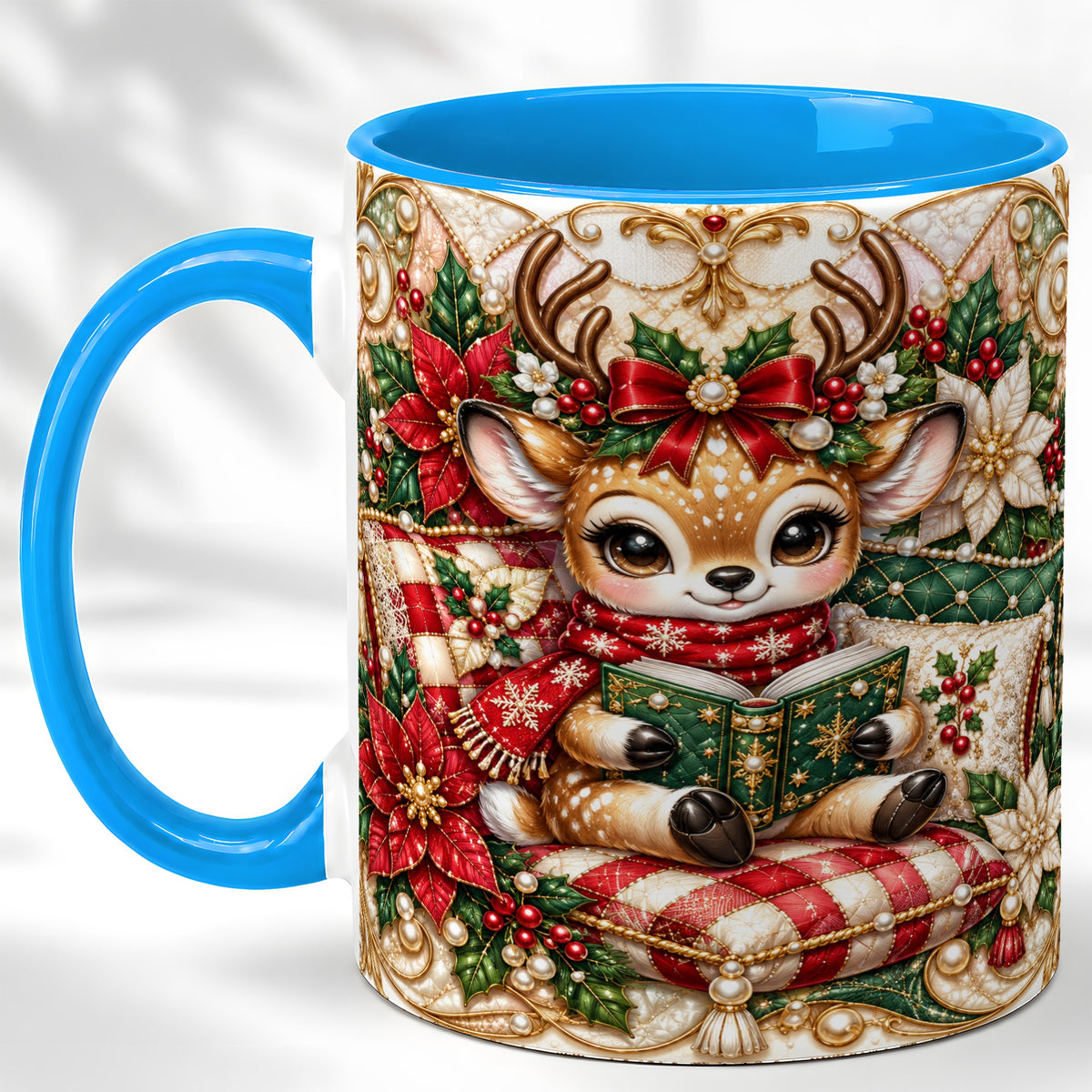 #pl[11oz|Blue] Christmas Reading Reindeer Coffee Mug, Quilted Deer Mug, Ceramic Cup