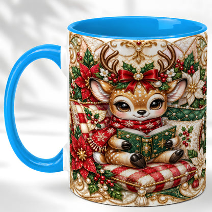 #pl[11oz|Blue] Christmas Reading Reindeer Coffee Mug, Quilted Deer Mug, Ceramic Cup