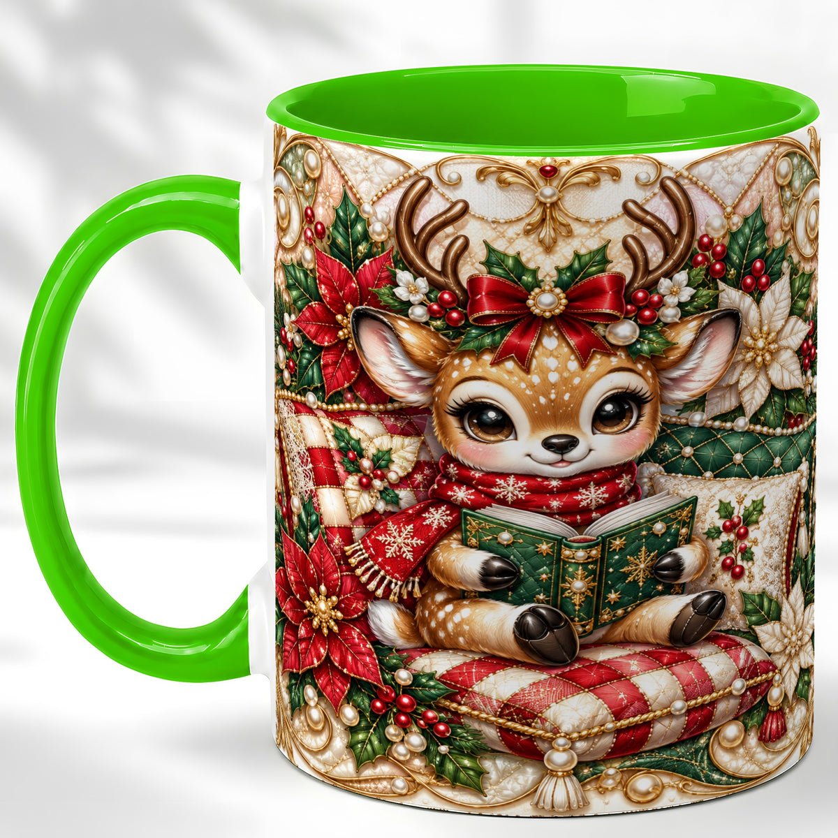 #pl[11oz|Green] Christmas Reading Reindeer Coffee Mug, Quilted Deer Mug, Ceramic Cup