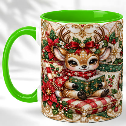 #pl[11oz|Green] Christmas Reading Reindeer Coffee Mug, Quilted Deer Mug, Ceramic Cup