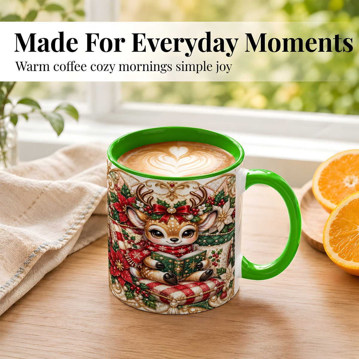 #pl[11oz|Green] Christmas Reading Reindeer Coffee Mug, Quilted Deer Mug, Ceramic Cup
