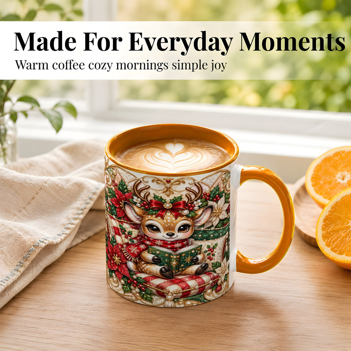 #pl[11oz|Orange] Christmas Reading Reindeer Coffee Mug, Quilted Deer Mug, Ceramic Cup