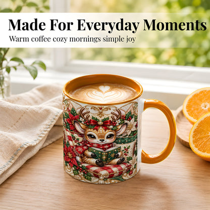 #pl[11oz|Orange] Christmas Reading Reindeer Coffee Mug, Quilted Deer Mug, Ceramic Cup