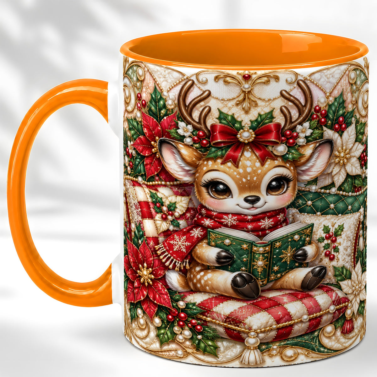 #pl[11oz|Orange] Christmas Reading Reindeer Coffee Mug, Quilted Deer Mug, Ceramic Cup