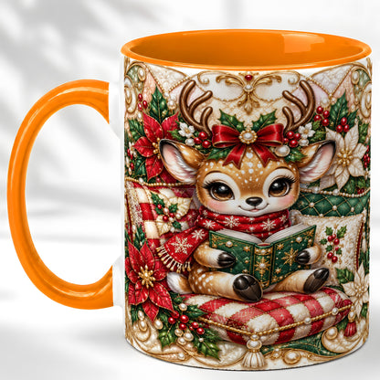 #pl[11oz|Orange] Christmas Reading Reindeer Coffee Mug, Quilted Deer Mug, Ceramic Cup