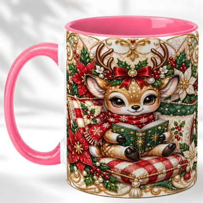 #pl[11oz|Pink] Christmas Reading Reindeer Coffee Mug, Quilted Deer Mug, Ceramic Cup