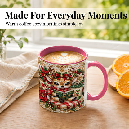 #pl[11oz|Pink] Christmas Reading Reindeer Coffee Mug, Quilted Deer Mug, Ceramic Cup