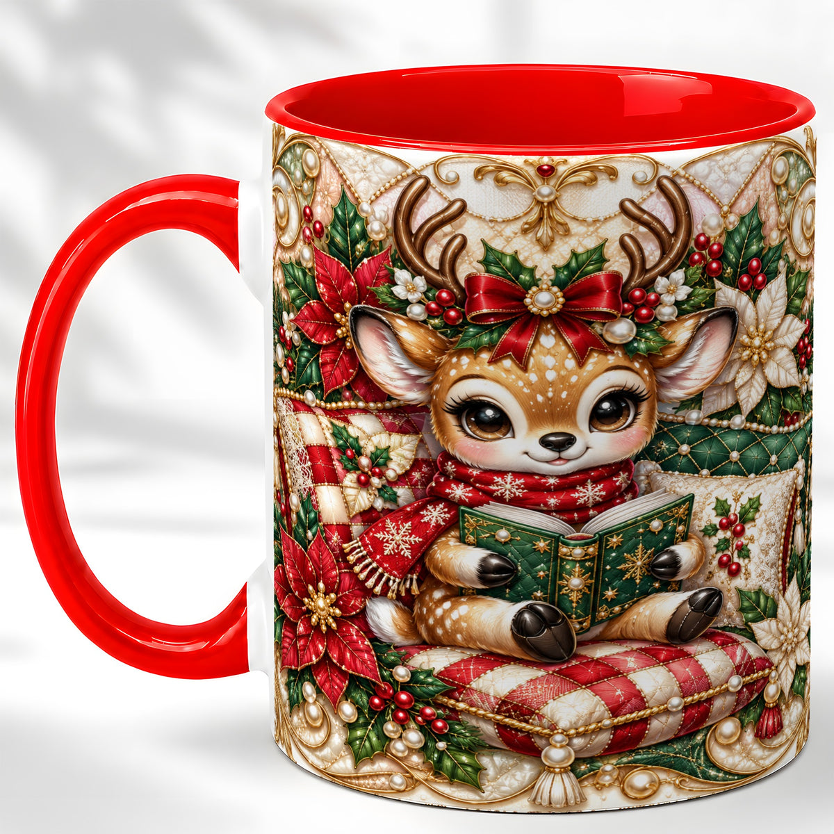 Christmas Reading Reindeer Coffee Mug, Quilted Deer Mug, Ceramic Cup