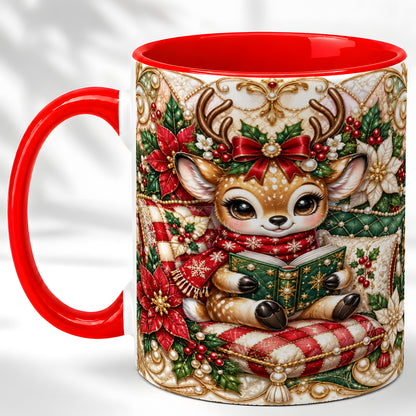Christmas Reading Reindeer Coffee Mug, Quilted Deer Mug, Ceramic Cup