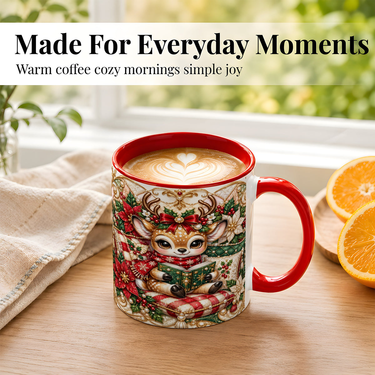 #pl[11oz|Red] Christmas Reading Reindeer Coffee Mug, Quilted Deer Mug, Ceramic Cup