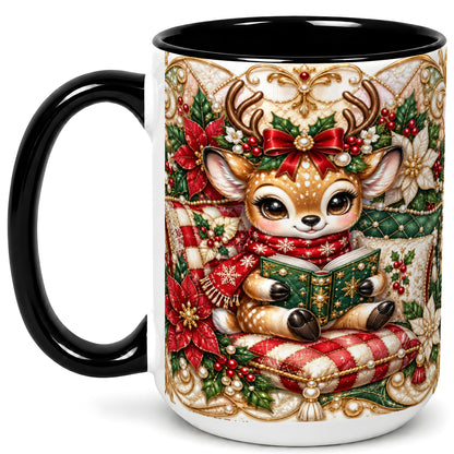 #pl[15oz|Black] Christmas Reading Reindeer Coffee Mug, Quilted Deer Mug, Ceramic Cup